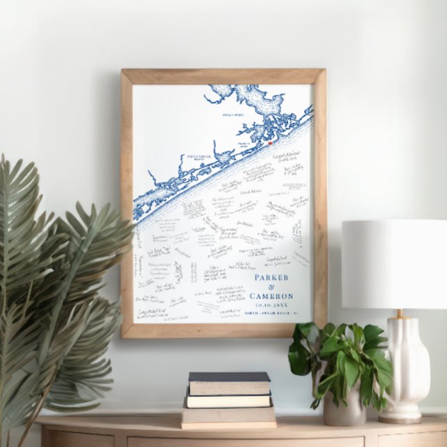Póster Poster del libro de invitados del Boda North Topsa (North Topsail Beach NC Map Wedding Guest Book Poster in Elegant Navy Blue from Coastal Map Designs)