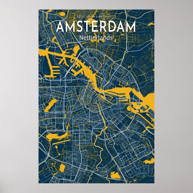 Póster Poster del Mapa Azul de Ámsterdam, Mapa Azul de Ám (Frente)
