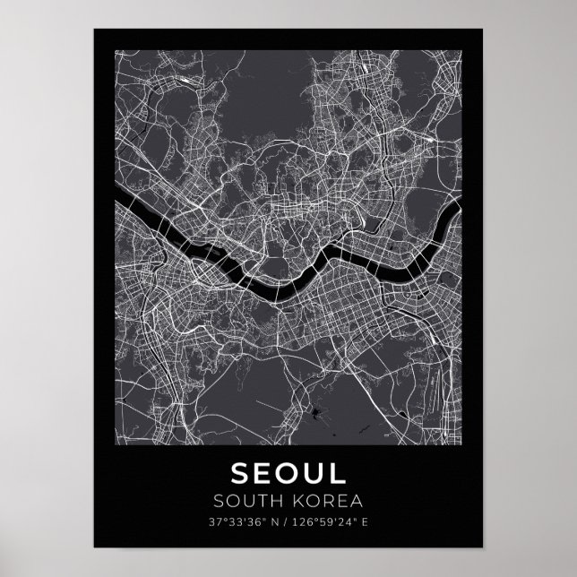 Póster Poster del Mapa de Ciudad Negra de Seúl, Corea del (Frente)