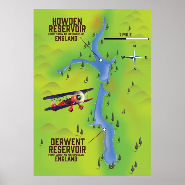 Póster Poster del mapa de embalses de Derwent & Howden (Frente)