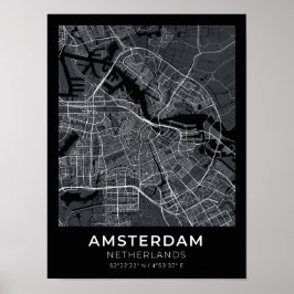 Póster Poster del Mapa de la Ciudad Negra de Ámsterdam, P