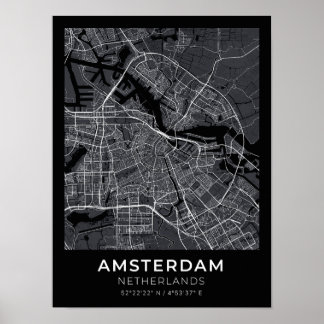 Póster Poster del Mapa de la Ciudad Negra de Ámsterdam, P