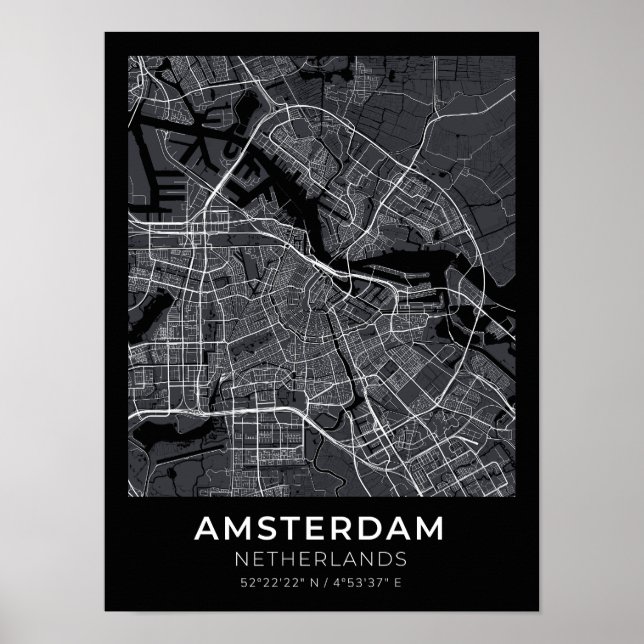 Póster Poster del Mapa de la Ciudad Negra de Ámsterdam, P (Frente)