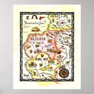 Póster Poster del mapa de la fantasía de las tierras de