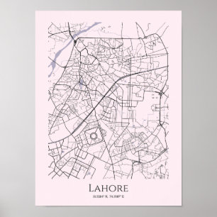Póster Poster del Mapa de Lahore (rosa, mate)