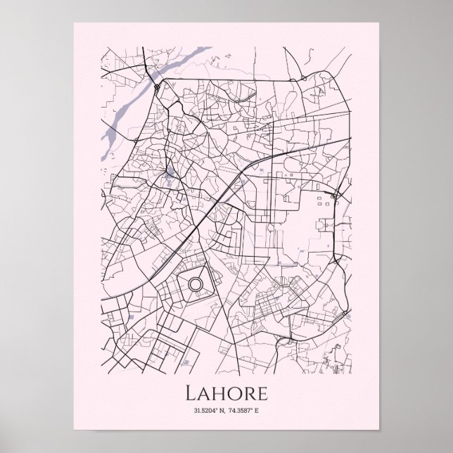 Póster Poster del Mapa de Lahore (rosa, mate) (Frente)