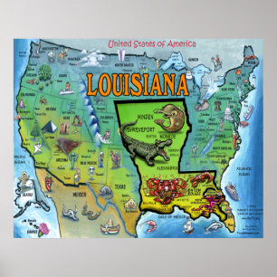 Póster Poster del mapa de Luisiana los E.E.U.U.