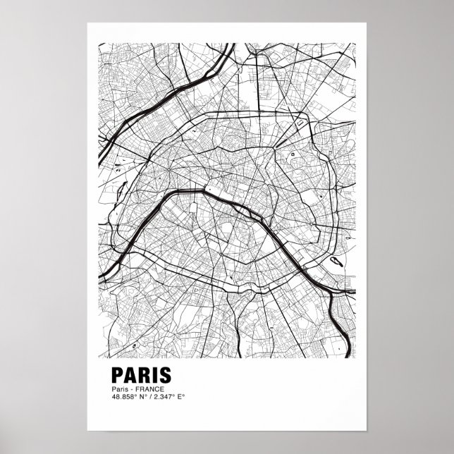 Póster Poster del Mapa de París - Mapa blanco de Francia (Frente)