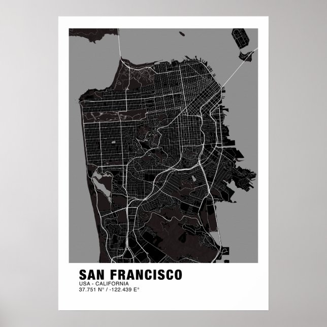 Póster Poster del mapa de San Francisco - Mapa negro de C (Frente)