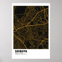 Poster del Mapa de Shibuya - Tokyo Black And Golde
