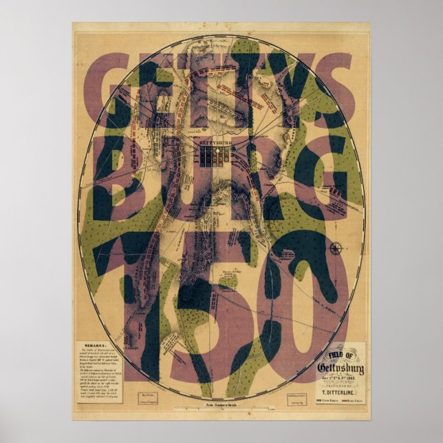 Póster Poster del mapa del 150 aniversario de Gettysburg (Frente)
