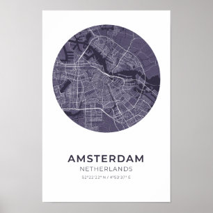 Póster Poster del Mapa del Círculo Púrpura de Ámsterdam,