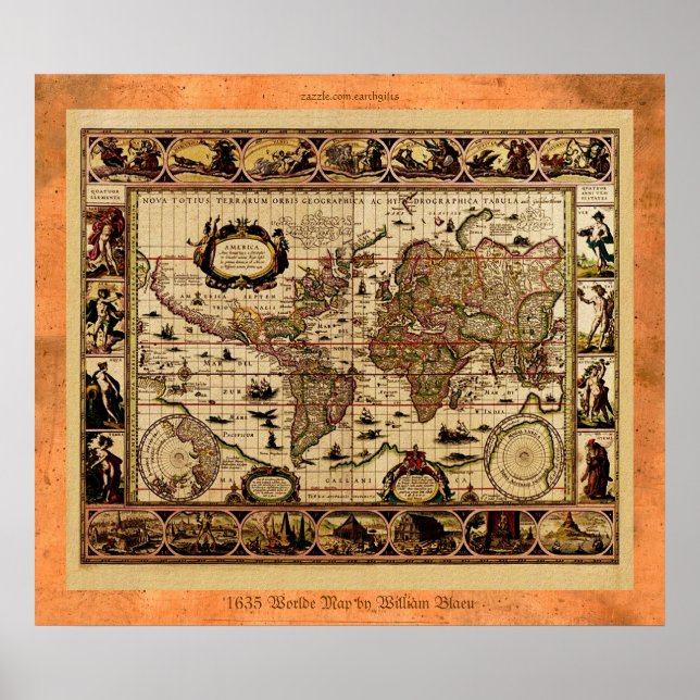 Póster poster del Mapa del Mundo de 1635 (Frente)