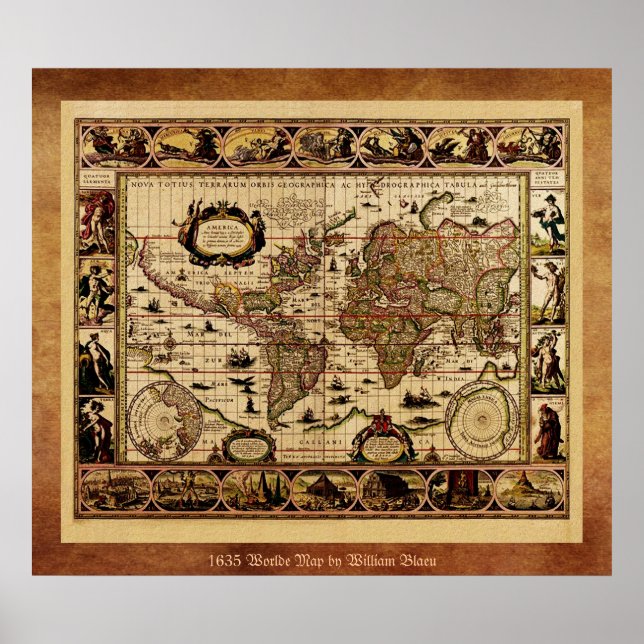 Póster poster del Mapa del Mundo de 1635 (Frente)