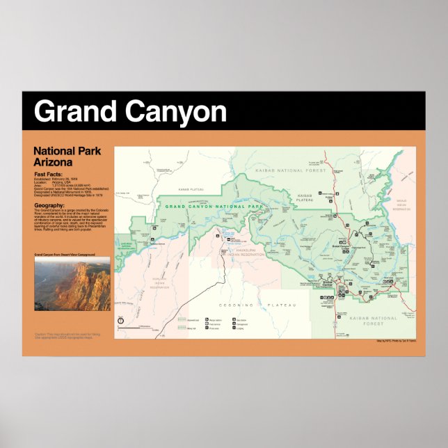 Póster Poster del Mapa del Parque Nacional del Gran Cañón (Frente)