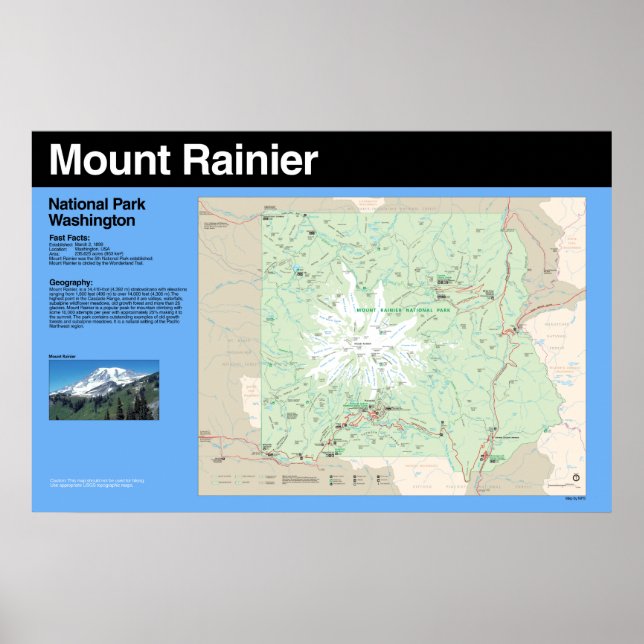 Póster Poster del mapa del parque nacional Mount Rainier (Frente)