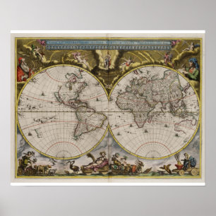 Póster Poster del Mapa Mundial de Vintage (1664)