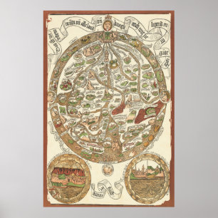 Póster poster del Mapa Mundial de Woodcut 1480