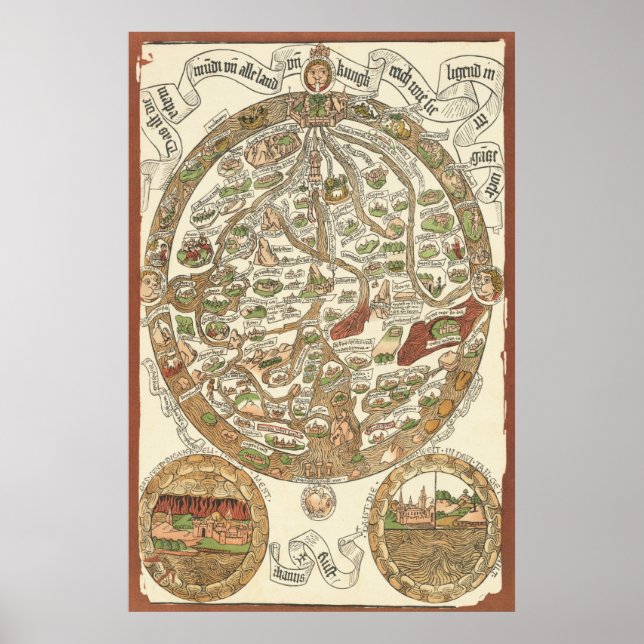 Póster poster del Mapa Mundial de Woodcut 1480 (Frente)