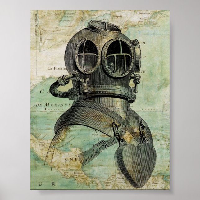 Póster Poster del Mapa Náutico Antiguo y Casco de Buceo (Frente)