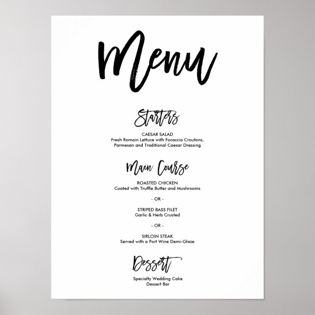 Póster Poster del menú Boda con letras de mano de moda (Frente)