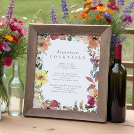 Póster Poster del menú de cócteles con firma de flor silv