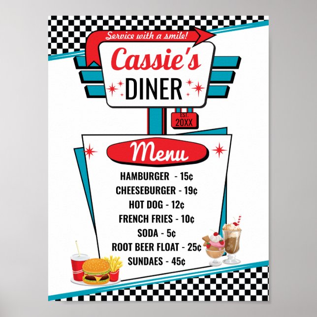 Póster poster del menú Diner Vintage de 1950 (Frente)