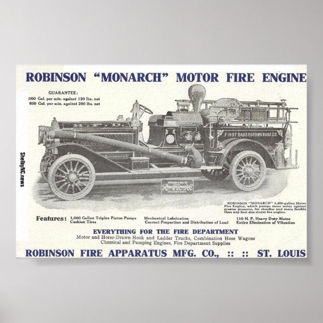 Póster poster del motor de bomberos "Monarch" de Robinson (Frente)