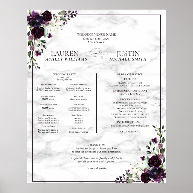 Póster Poster del programa Plum Purple Floral Marble Wedd (Frente)