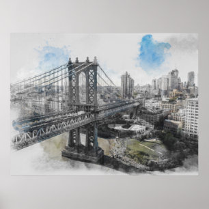 Póster Poster del puente de Brooklyn sobre la acuarela - 