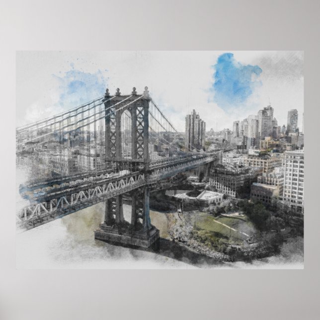 Póster Poster del puente de Brooklyn sobre la acuarela -  (Frente)