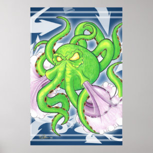 Póster Poster del pulpo del verde del estilo de la