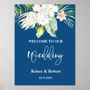 Póster Poster del Rótulo de la Boda Floral Azul