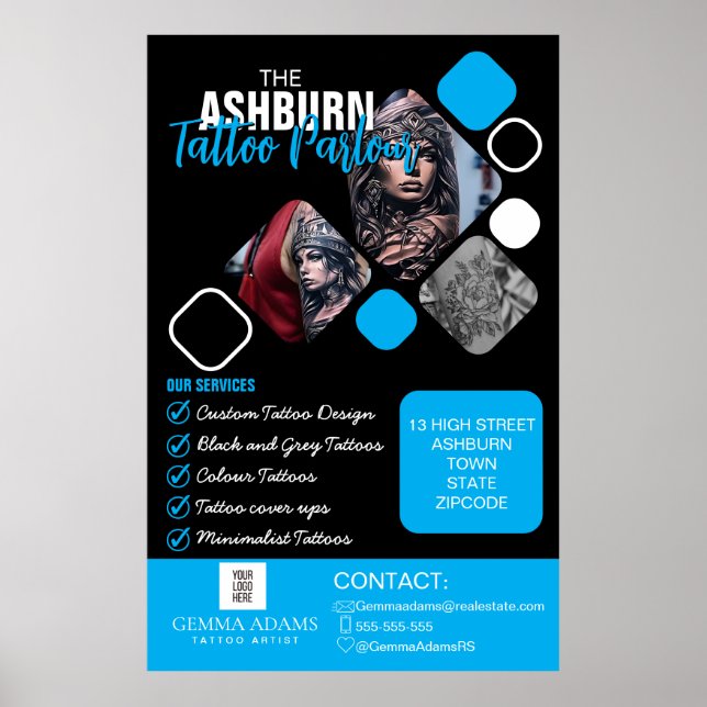 Póster Poster del salón de tatuajes - azul negro Personal (Frente)