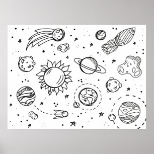 Póster Poster del sistema solar (blanco y negro)