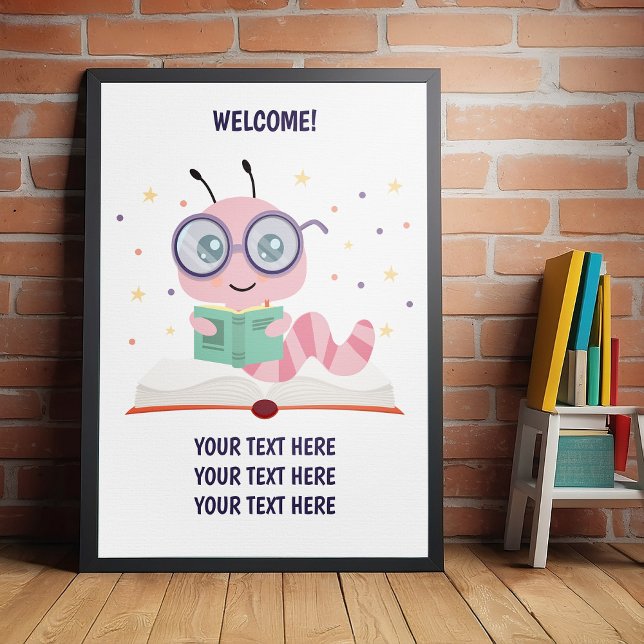 Póster Poster del tema del gusano de biblioteca rosado (Perfect poster for school book event, book week, and to celebrate birthday and baby showers.)