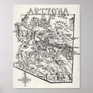 Póster Poster dibujado mano del mapa el   de Arizona