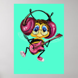 Póster Poster divertida con pinturas de abejas del guitar