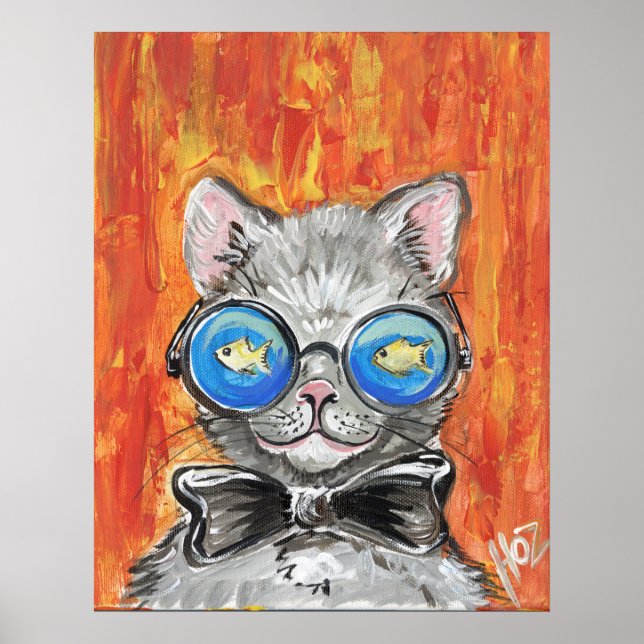 Póster Poster divertido de gatos con gafas de pescado (Frente)