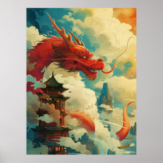 Póster Poster Dragón Chino al estilo de los comics Rojos