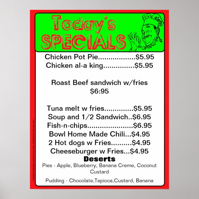 Póster Poster Especial de hoy - suministros de restaurant (Frente)