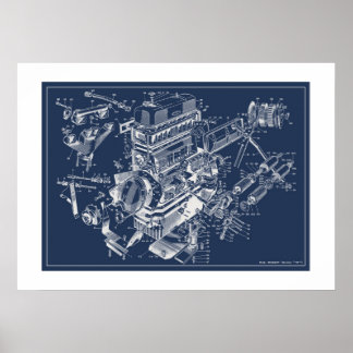 Póster POSTER esquemático del motor MG "TF" - BluePrint