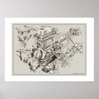 Póster POSTER esquemático del motor MG "TF" - OffWhite