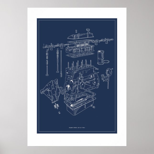 Póster Poster esquemático del motor Triumph TR4A - Bluepr (Frente)