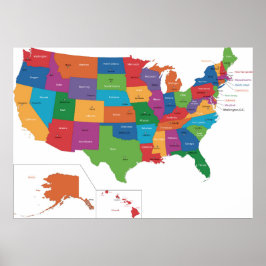 Póster Poster - Estados Unidos con ciudades capitales