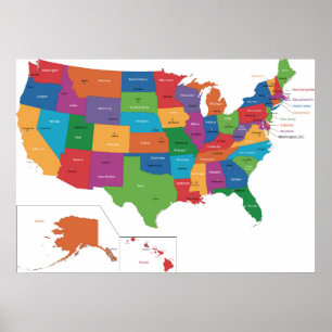 Póster Poster - Estados Unidos con ciudades capitales