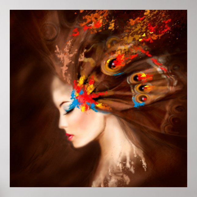 Póster Poster Fantasía Hermosa mujer primavera mariposa (Frente)