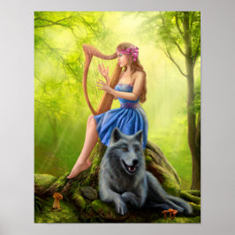 Póster Poster Fantasy girl fairy and friend wolf.
