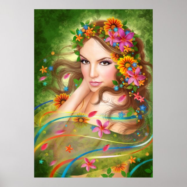 Póster Poster Fantasy Hermosa mujer de hadas con flores (Frente)