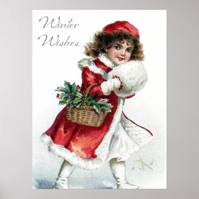 Póster poster festivo chica de Navidad vintage (Frente)